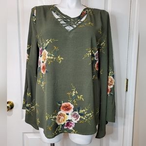 Entro Green Floral Long Sleeve Top Blouse